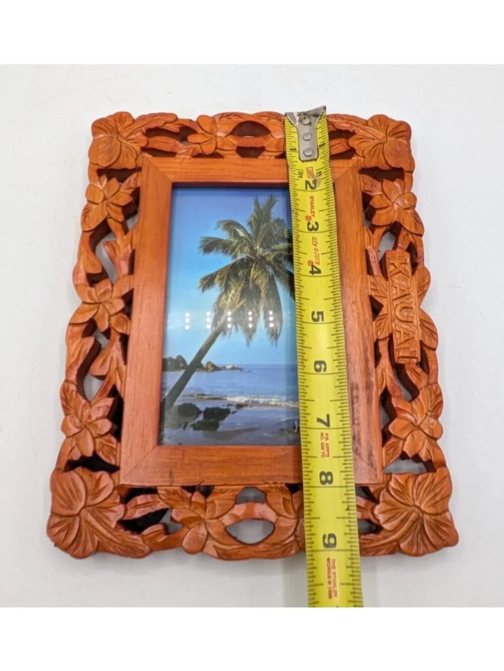 Vtg Hawaiian Kauai Island Hand Carved Wood Frame Floral Hibiscus Tropical 4x6